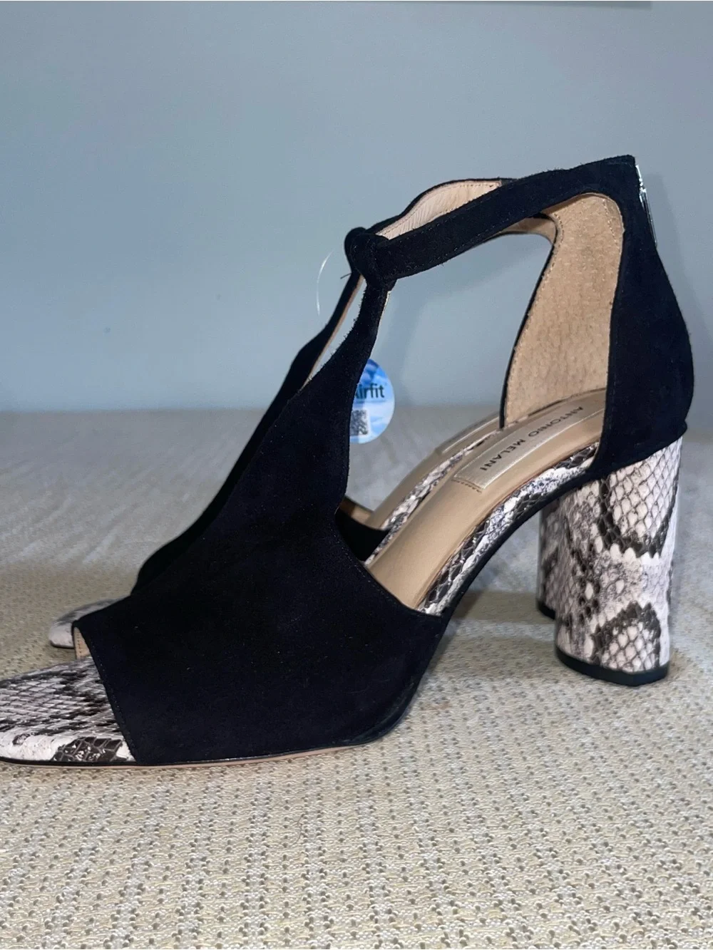 ANTONIO MELANI Black Suede Open-Toe Heels with Snake-Print Block Heel